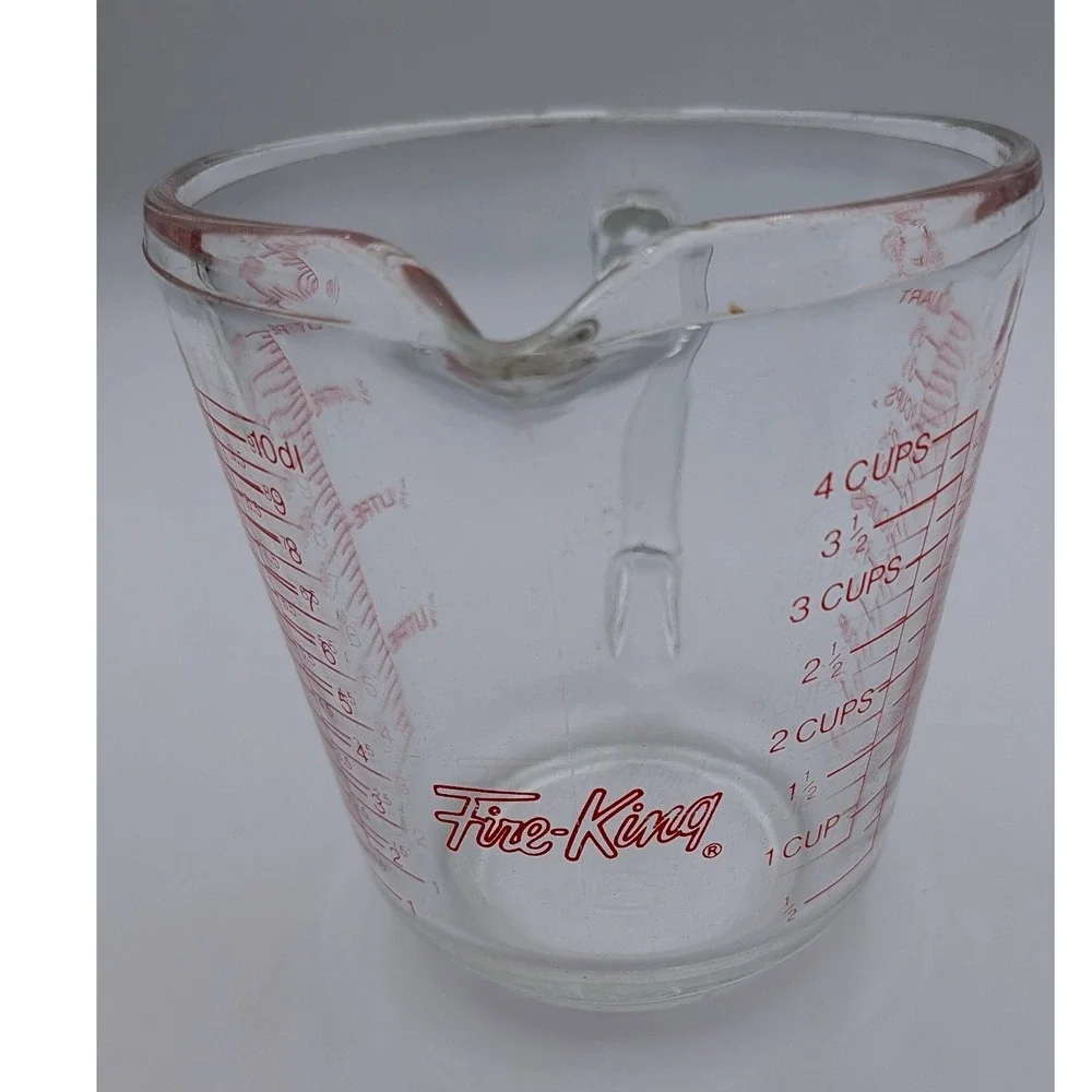 Fire-King Anchor Hocking Glass Measuring Cup 4 Cup 1 Quart Red Lettering Vintage